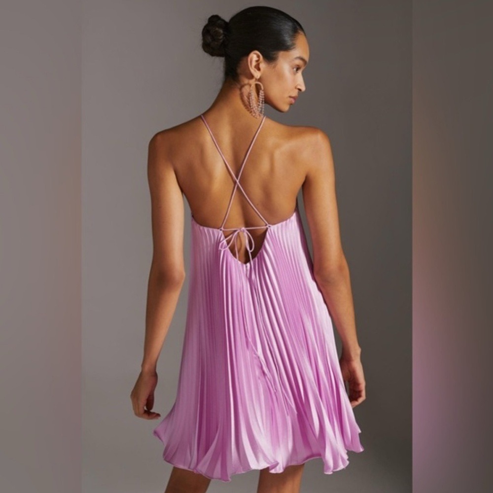 ML Monique Lhuillier Satin Halter Mini Dress Pink‎ Pleaded Evening Dress Size 16